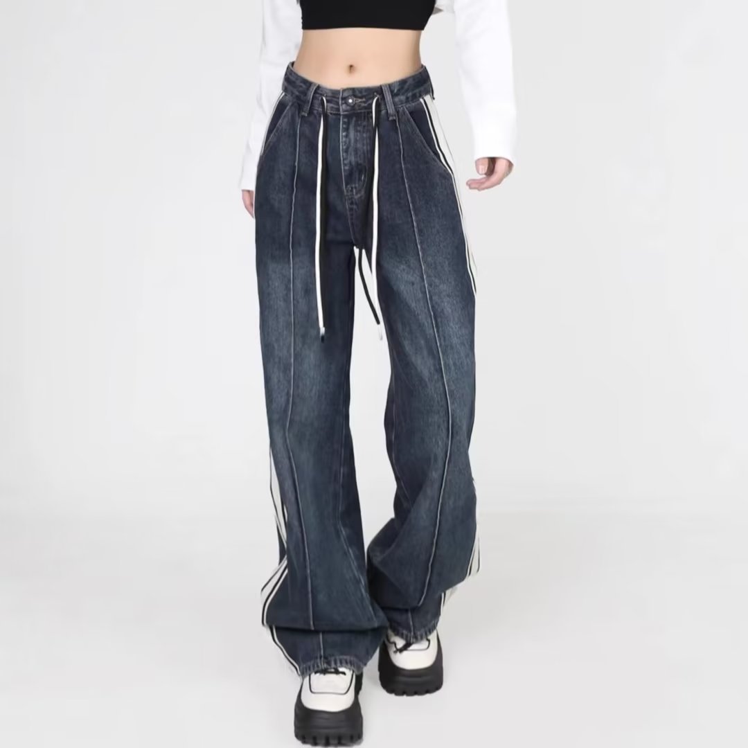 Vintage Straight Drawstring Jeans Women's Autumn 2024 New High Waist Slimming Contrast Striped Loose Wide Leg Pants