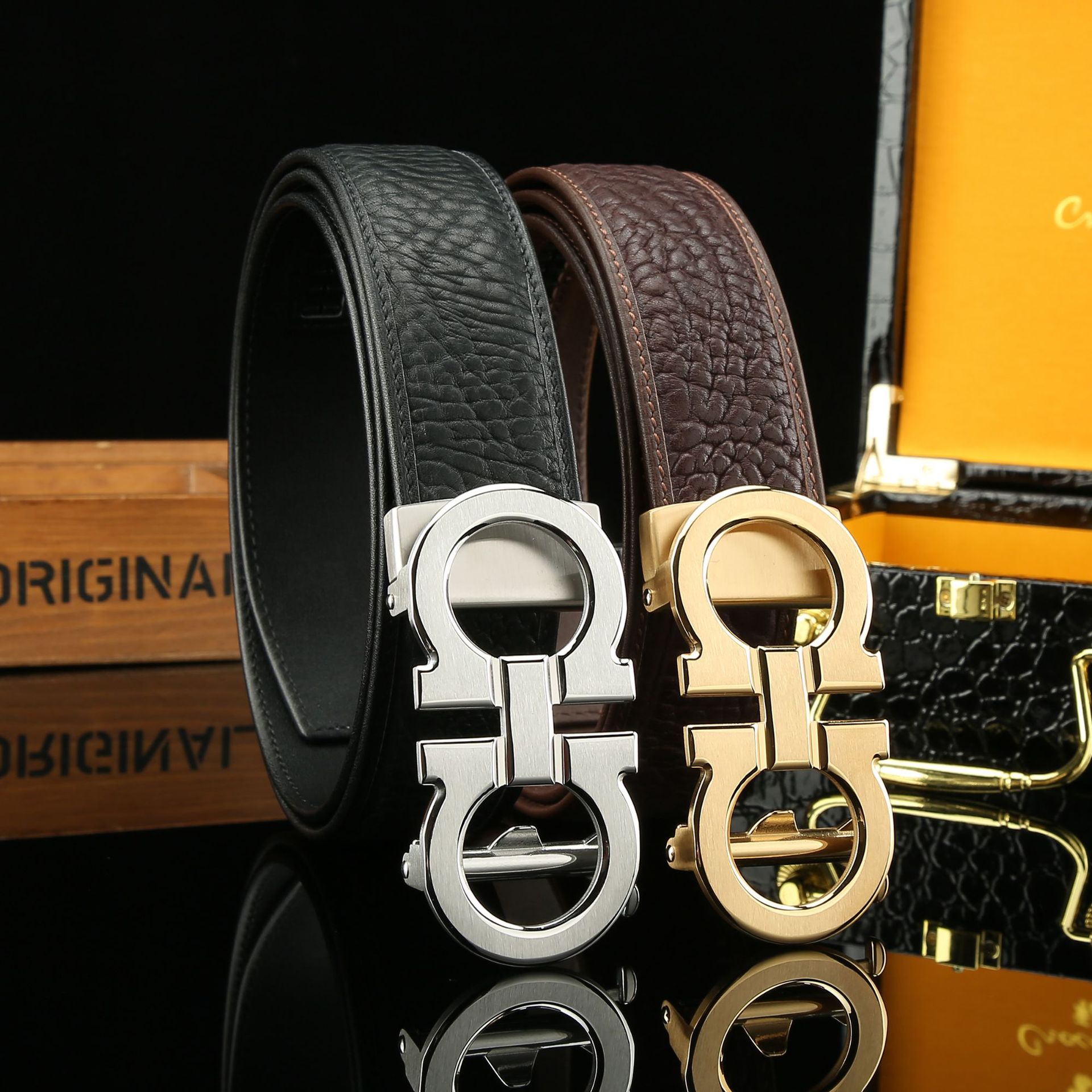 3.8 High-end Wild Cowhide Pattern Men's Automatic Belt Top Layer Cowhide African Bison Leather Pattern Trendy