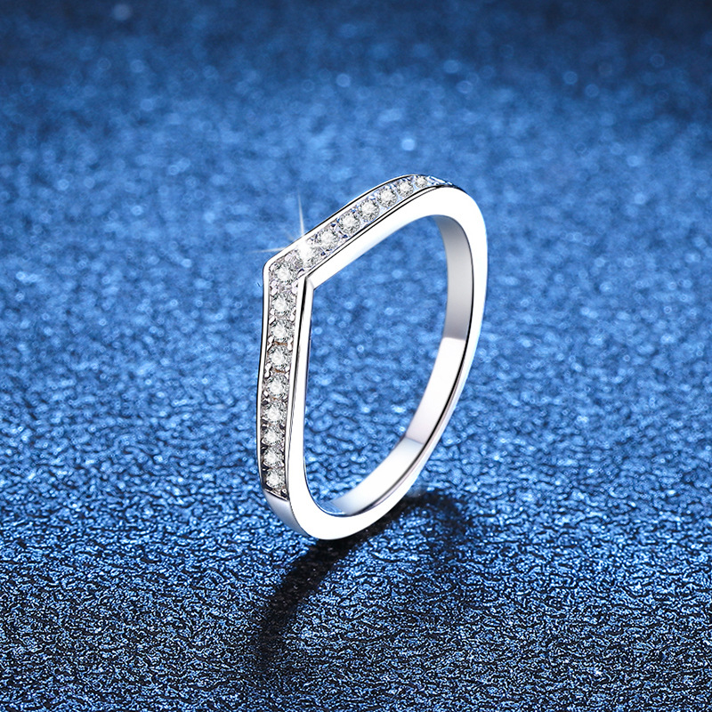 Picture of S925 Sterling Silver Ring Women's Korean-style V-shaped Ring Full Set with Mosane Diamond D Color Ring Row Ring Wedding Simulation Diamond Ring Women