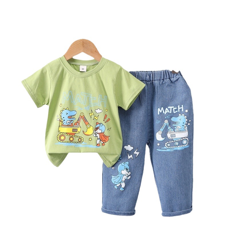 Picture of Summer 2024 new 0-5 years old children's suit cartoon car animal crew neck short sleeve jeans two piece cotton