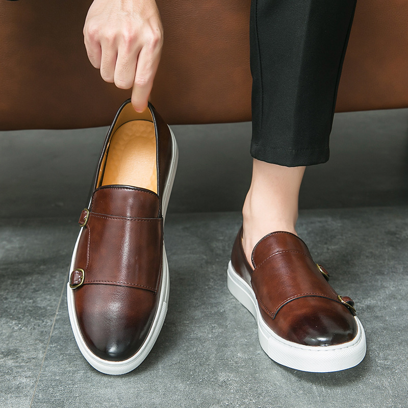 Autumn 2158 Color-polished Double-button Loafers Slip-on plus size Casual Leather Shoes Men's Legs Casual Lazy Shoes