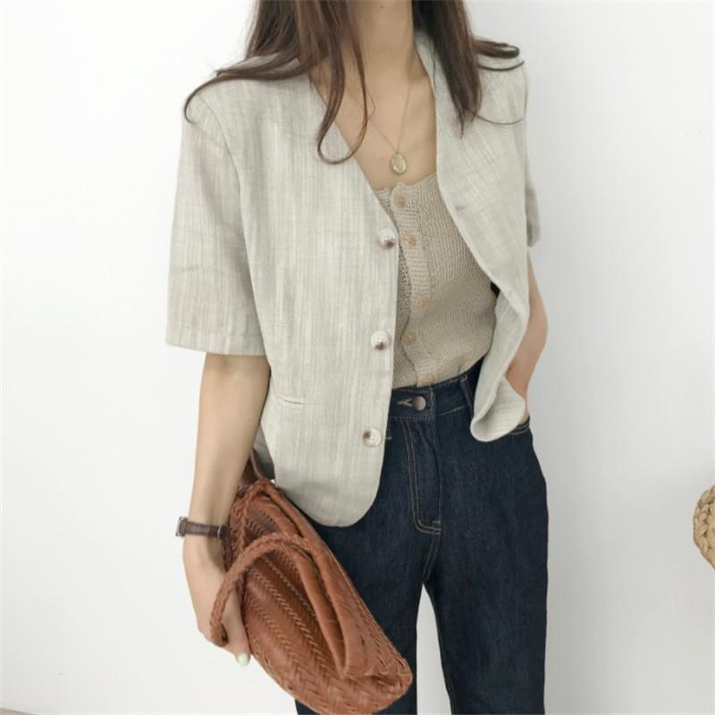 Picture of Korean Ins Short Small Suit Tops for Women 2024 Summer New Cotton and Linen Loose Short-Sleeved Tops Jacket