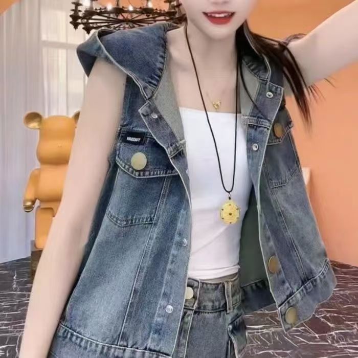 Backless Fashion Denim Coat Women's 2025 Spring and Summer New Korean Style Western Style Hooded Vest Shoulder Jacket