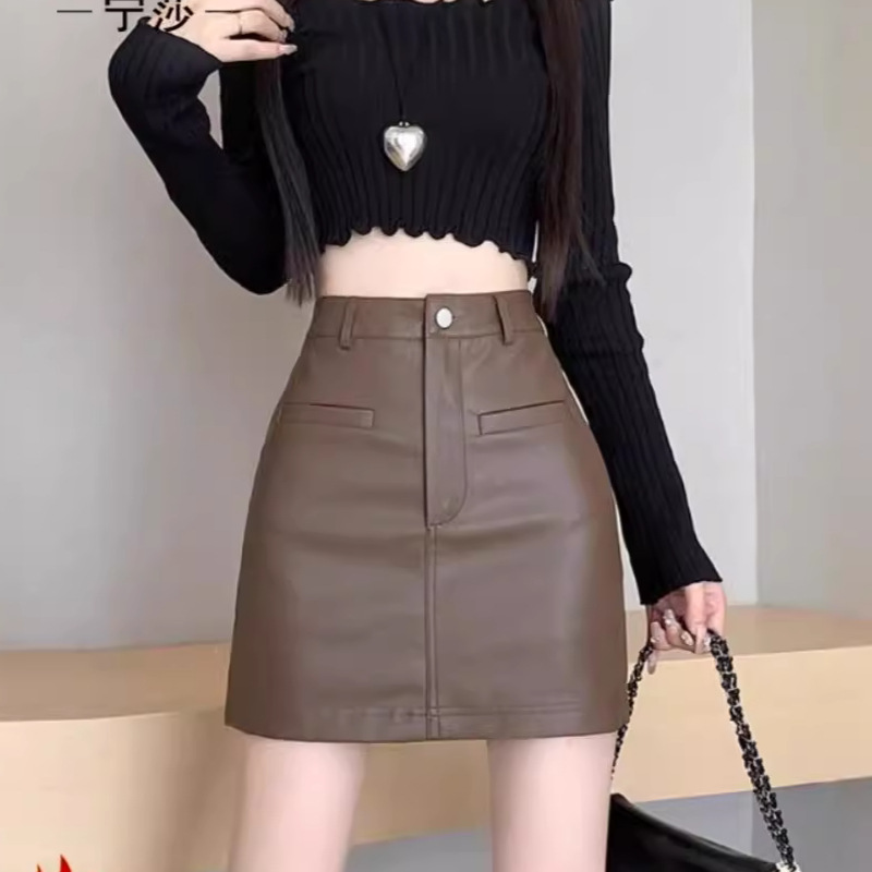 Puleather Half-length Skirt Hip-wrap Early Autumn Winter 2024 New High Waist Women's Short Skirt Joker Small Leather Skirt Black Spring