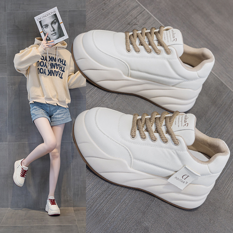 2025 Autumn/Winter New Casual Loafers Thick Sole Height Increasing Lace-Up White Shoes Fashionable Women's Shoes