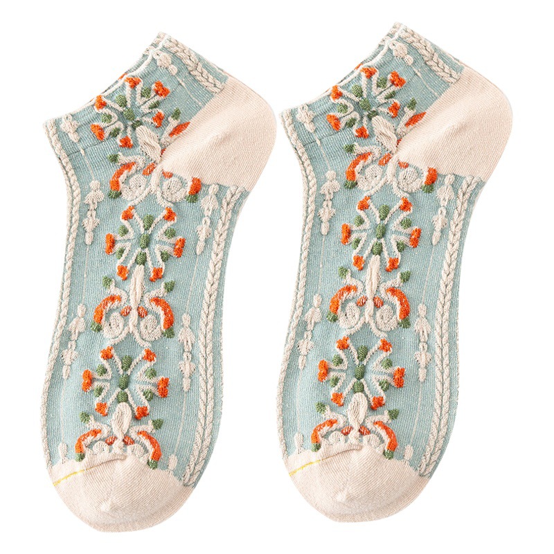 Women's Socks, Retro British Style, Floral Low-Cut Short Socks, Palace Hong Kong Style Embossed Ethnic Style Boat Socks, Popular Hong Kong Style
