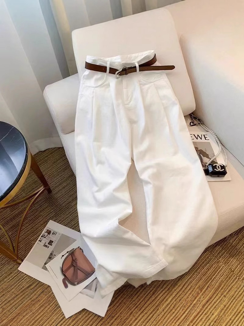 White High-Waisted Jeans for Women 2025 New Design Autum Pleated Loose Slimming Look Draped Casual Floor-Length Pants
