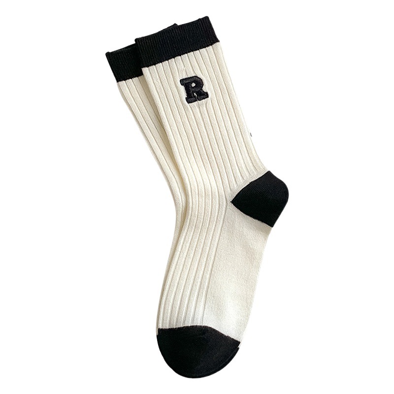 Spring and Autumn Mid-calf socks women's black and white striped double needle long women's breathable cotton socks Zhuji embroidered women's socks wholesale