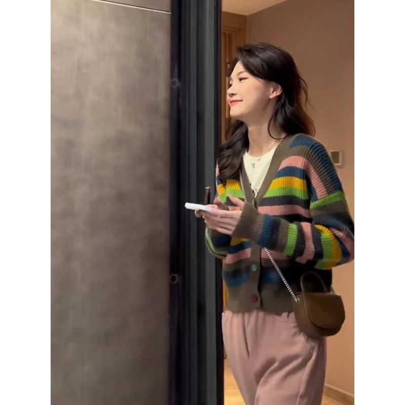 Korean Contrast Stripesd V Neck Knitted Cardigan for Women Spring & Fall New Style Lazy Style Loose Soft Waxy Versatile Sweater Jacket