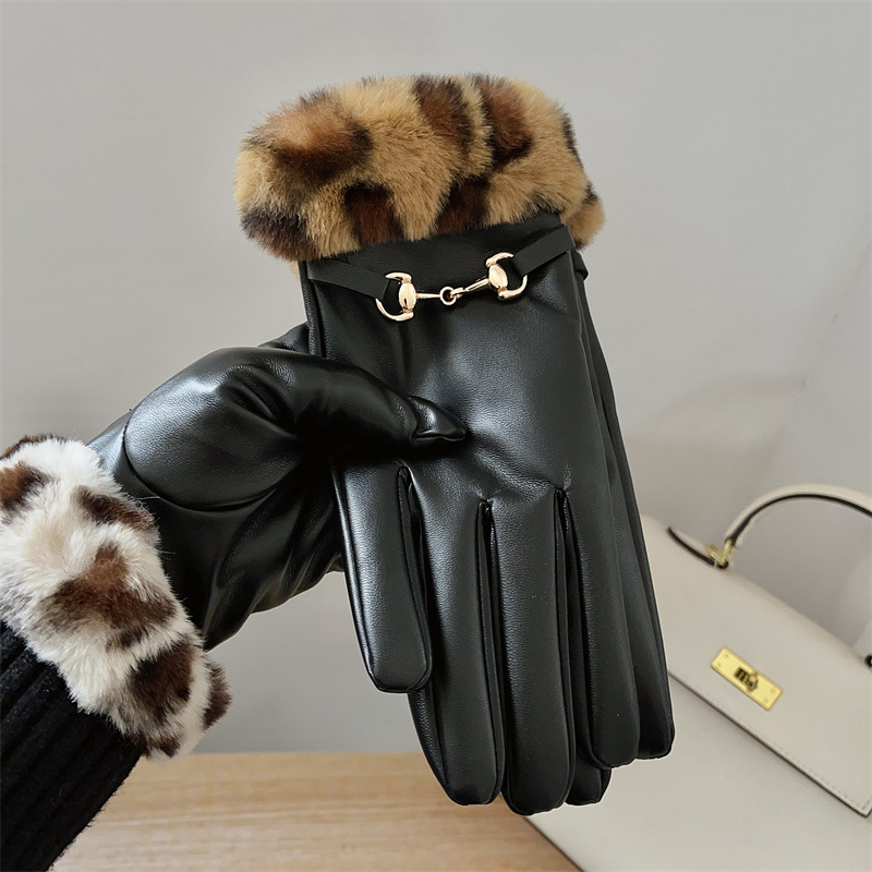 Women's winter PU fur mouth fleece-lined outdoor windproof riding touch screen cold-proof warm thickened driving leather