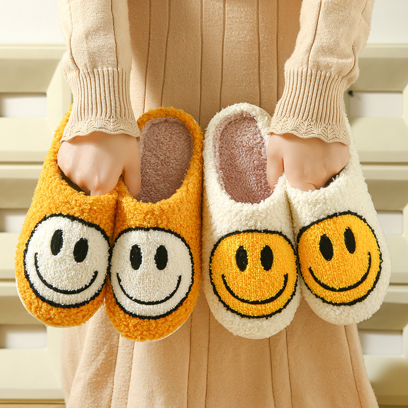 Cross-border Cotton Slippers Men's Autumn and Winter Indoor Home Thick Bottom Cute Cartoon Smiley Warm Couple Slippers