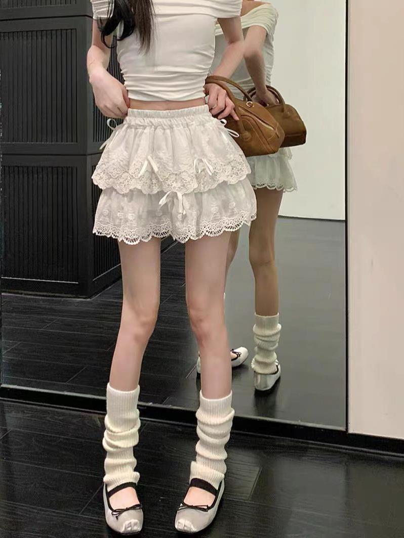 Ballet Style White Lace Cake Skirt Puffy Skirt Women's Summer Bow Skirt Small Princess Skirt