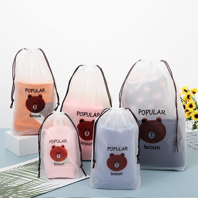 Drawstring transparent drawstring bag cartoon bear drawstring bag frosted travel underwear towel shoes storage plastic bag