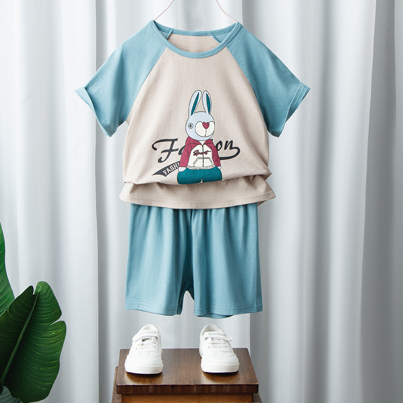 Picture of Korean-style Breathable Pure Cotton Short-sleeved Suit Children's Sweat-absorbent Thin Summer Clothes for Boys and Girls Home Clothes T-shirt Shorts for Baby