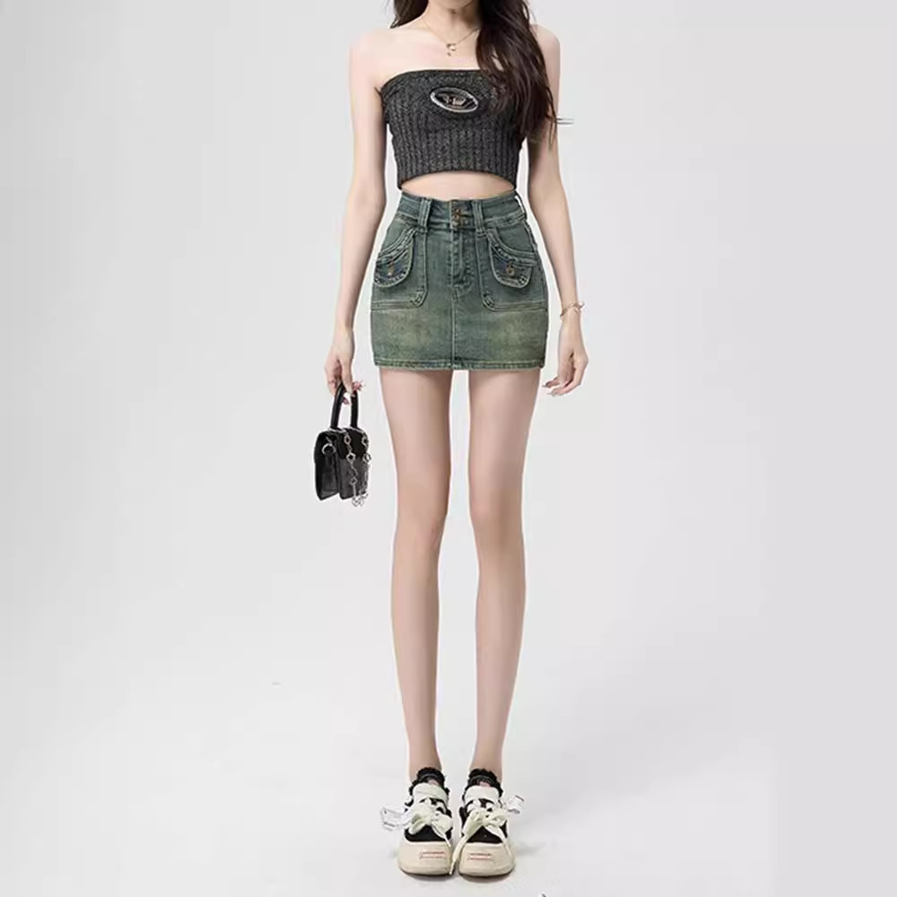 American Style Retro Hot Girl High Waist Denim Skirt Women's Summer 2024 New Slimming All-match A- line Hip Skirt