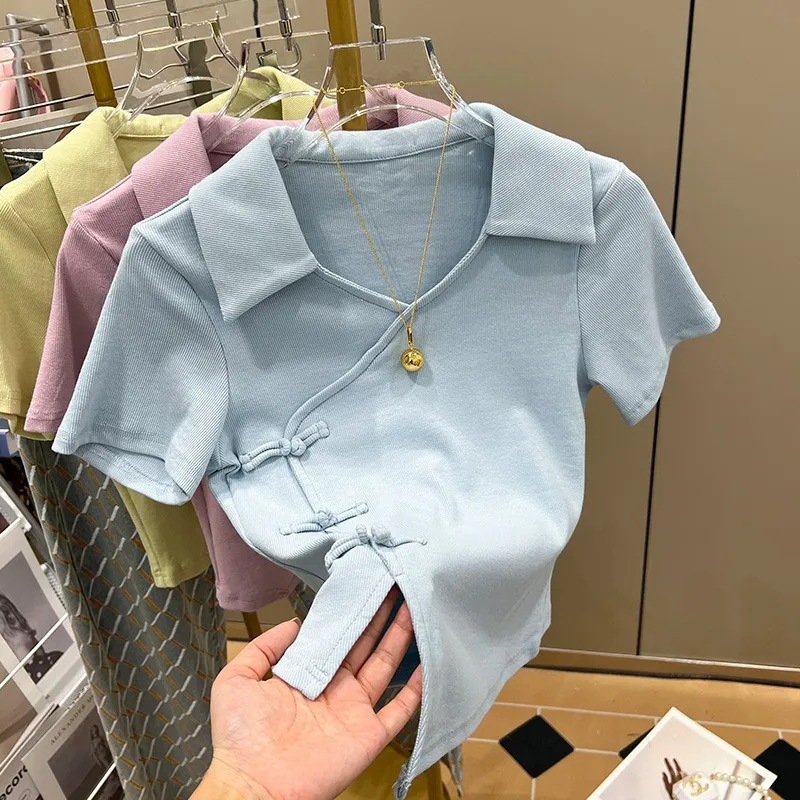 Polo Collar Pure Desire Style Vintage Chinese Style Buckle Top Women's Trendy Short-sleeved T-shirt Women's Unique Summer Chic T-shirt