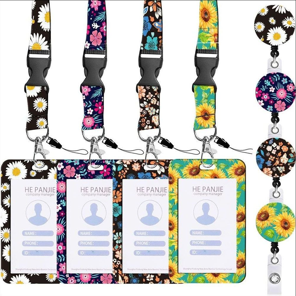 Chest Card Lanyard Flower Print Mobile Phone Lanyard Wrist Lanyard Key Pendant Telescopic Key Chain Card Holder
