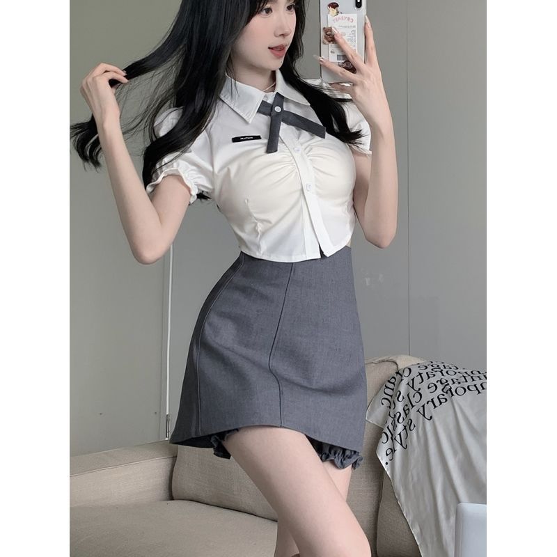Uniform Set Women's 2023 Summer New Style Pure Desire Style Spice Girl White Shirt Skirt Two-piece Slim New Style