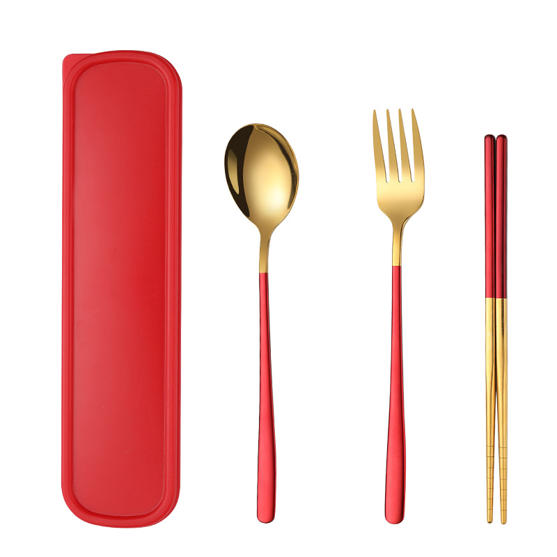 Picture of Stainless steel portable tableware fork spoon chopsticks suit Korean three-piece outdoor gift student tableware suit