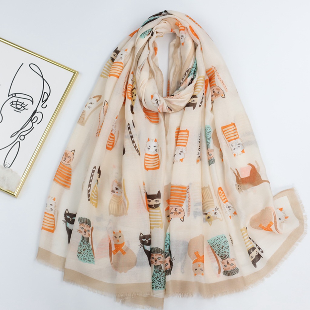 Kitten Paradise 60 Factory Sales Export Cross-Border Live Broadcast Cute Printed Silk Scarf Satin Cotton Long Scarf Spring & Fall Sun Protection