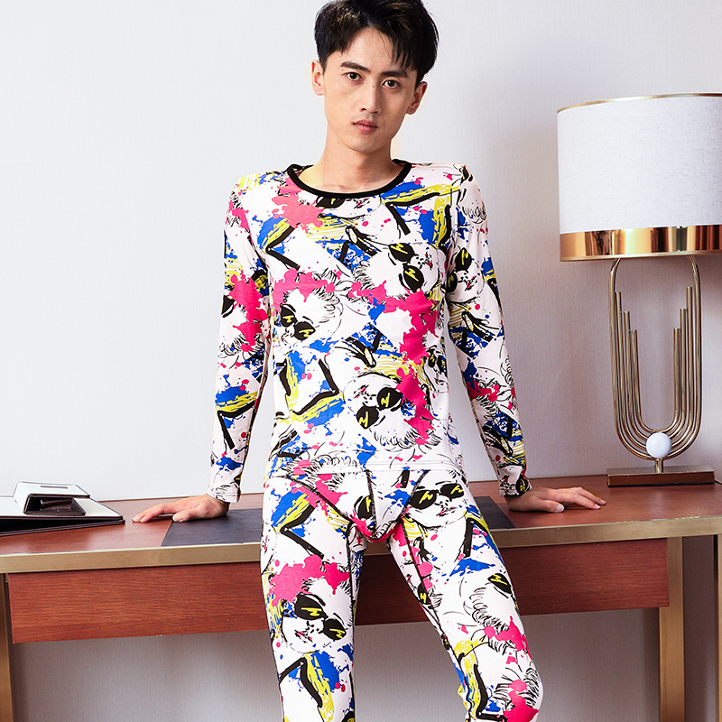 Picture of Men's Thermal Underwear suit Thin Cotton Autumn Clothes Autumn Trousers Young Personality Sports Round Neck Base Shirt Autumn and Winter