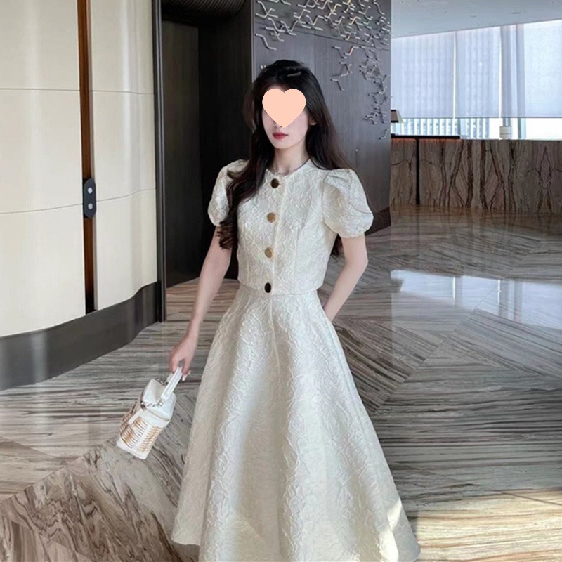 Summer 2025 New Rich Daughter's Over-The-Knee Dress White Top High-Waisted Skirt Two-Piece Suit Skirt