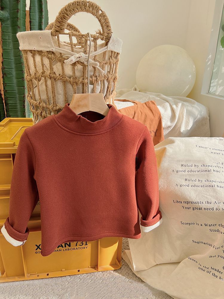 Picture of children's fleece-lined half turtleneck bottoming shirt autumn and winter Korean style men's and women's one-piece velvet warm top