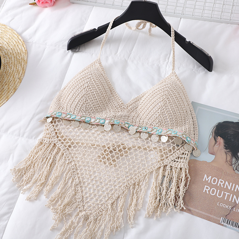 2022 summer new camisole sexy halter hollow-out inner top Western style off-shoulder beach swimsuit