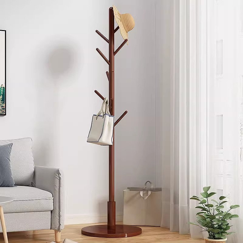 Picture of Solid wood coat rack floor-to-ceiling bedroom built-in living room hanging clothes rack home single pole vertical simple bag hanging rack