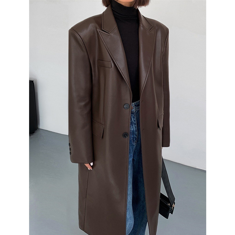 Picture of Long over-the-knee pu leather coat for women 2024 spring and autumn fashion all-matching loose slimming casual windbreaker fashion