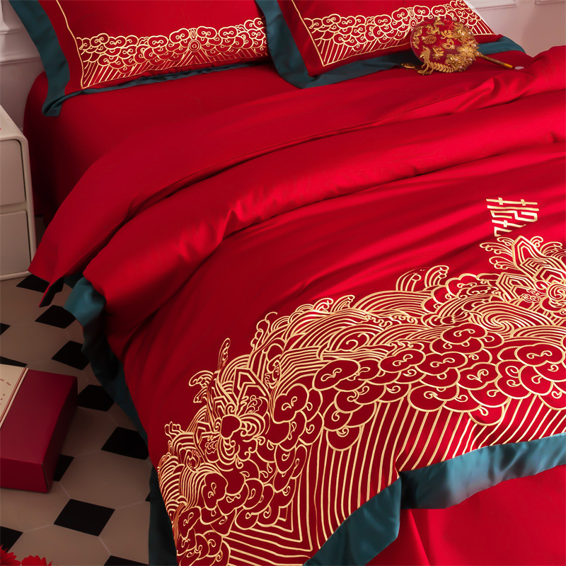 100 long-staple cotton high-end new Chinese wedding cotton four-piece wedding cotton national tide red embroidery kit