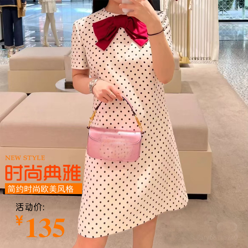 French Style High-end Wave Dot dress Spring Women's Fashion Niche Design Bow Age-reducing Loose Commuter Skirt