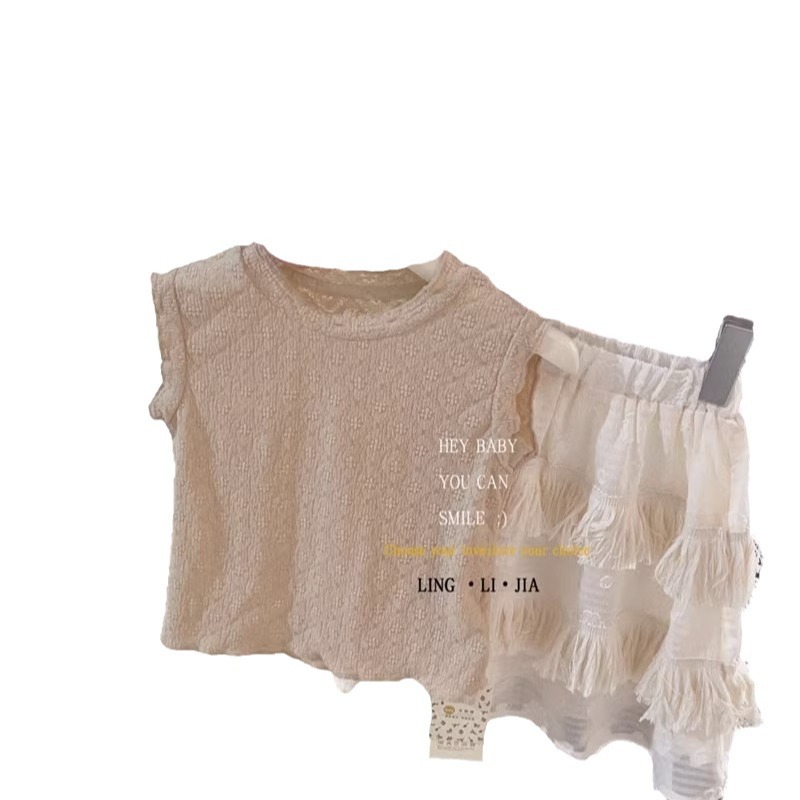 Picture of Girls' New Korean Style suit Summer Online Popular Western Style Retro Top Tassel Skirt Two-Piece Set suit Hair