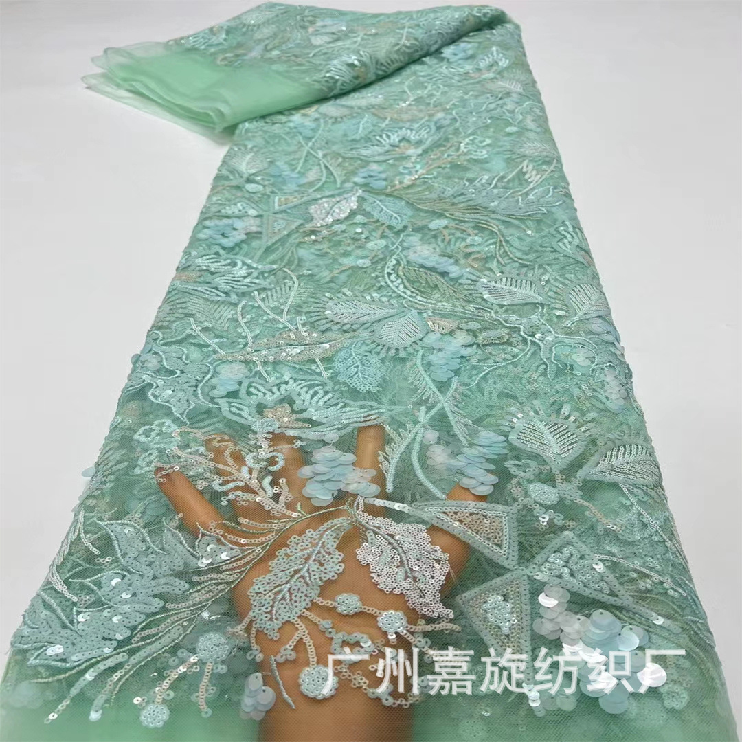 Fresh Mint Green Lace Embroidered Mesh French Bead Flower Triangle Sequin Fabric Children's Dress Cheongsam