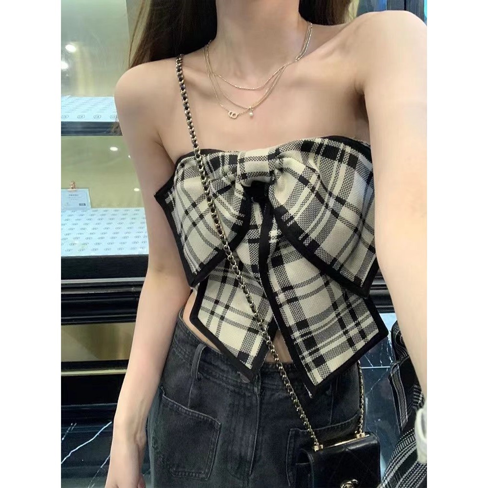 Korean Style Chest Big Bow Design Tube Top Retro Plaid Sling Women's Outer Wearing Short Chest Wrap Top for Summer