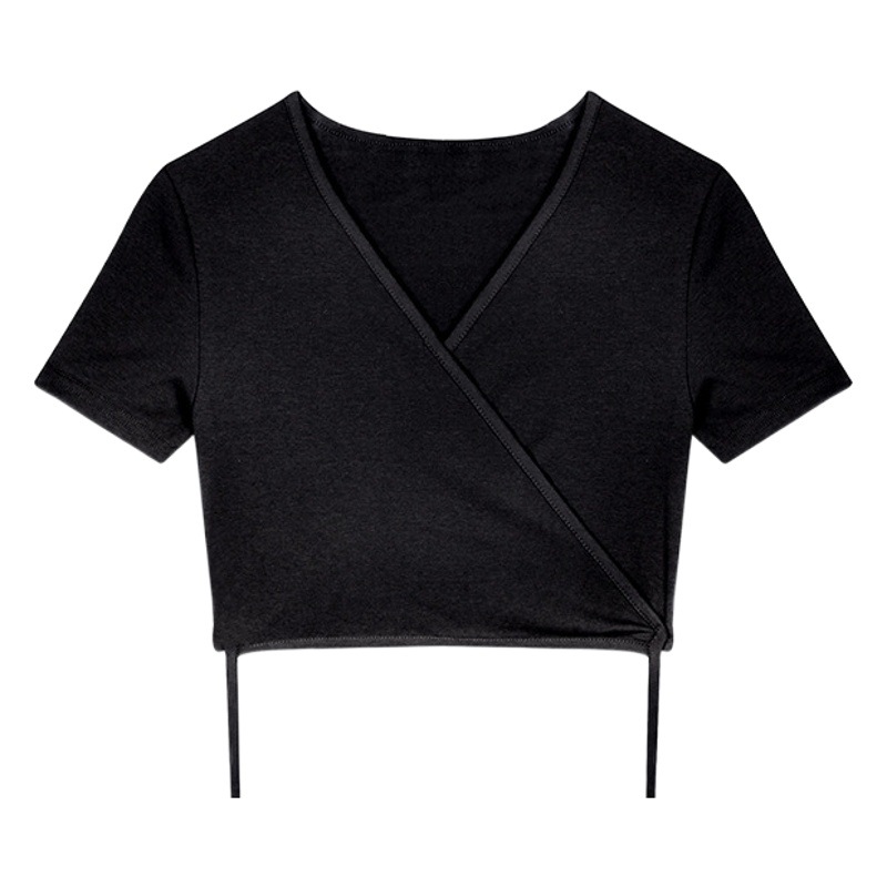 Solid Color T-shirt Women's Design Sense Slim V-neck Tight Spice Girls Cotton Strap Short Sleeve Top 2023 Summer New