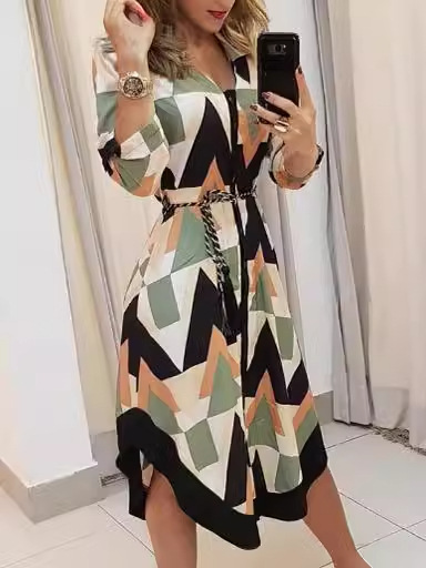 2024wish independent station European and American women's long geometric V-neck color matching shirt with belt