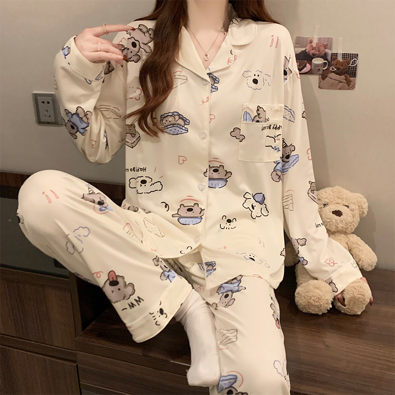Picture of New Ins Pajamas for Women Simple Stripesd Internet Celebrity Long-Sleeved Cardigan Girl Korean Version Thin Home Wear Set Wholesale