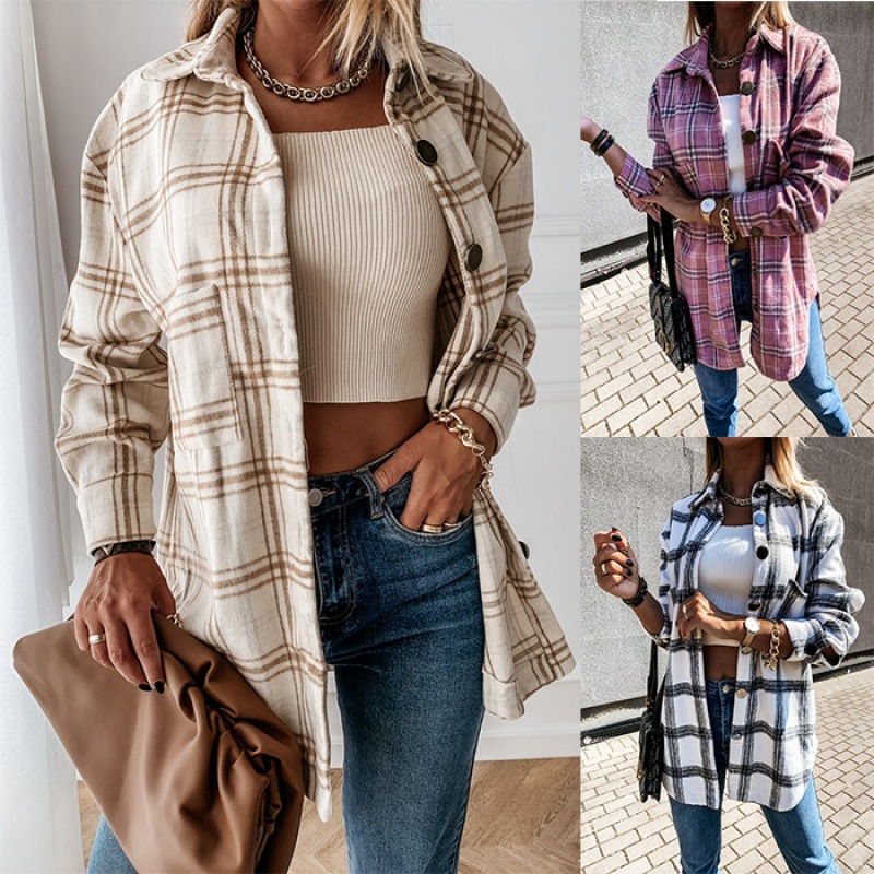 2023Ebay Aliexpress Wish Hot Selling Internet Celebrity Autumn and Winter Loose Casual Retro Plaid Long-Sleeved Shirt Jacket