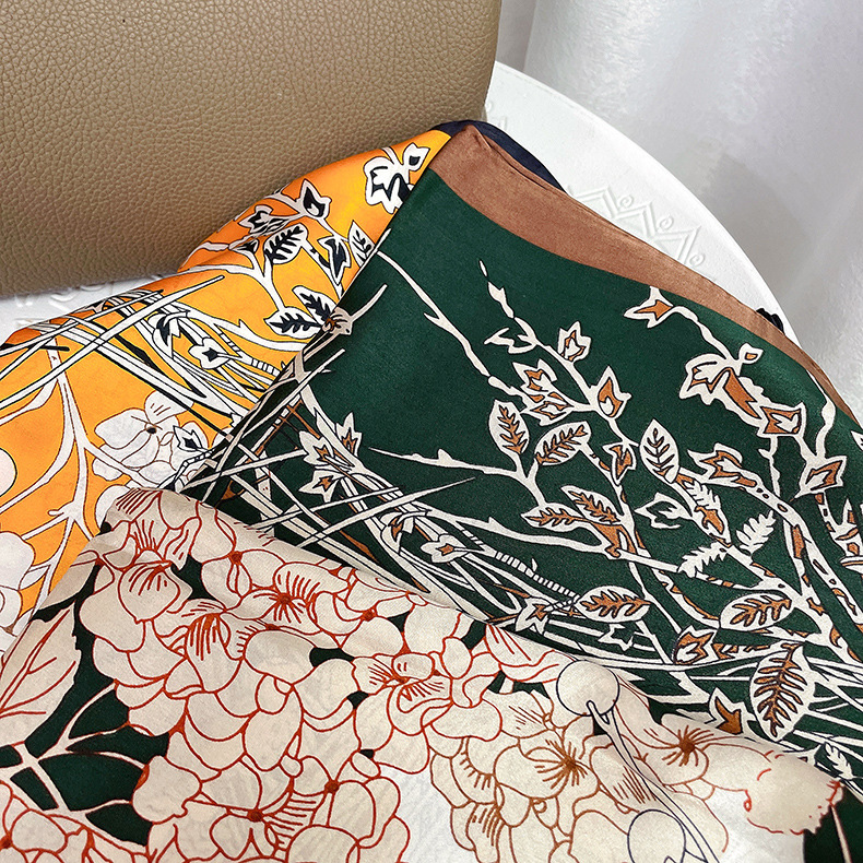 Orange Stitching Branch Flower Mulberry Silk Scarf 110 Large Square Silk Scarf Mother Gift Jiapin Shawl
