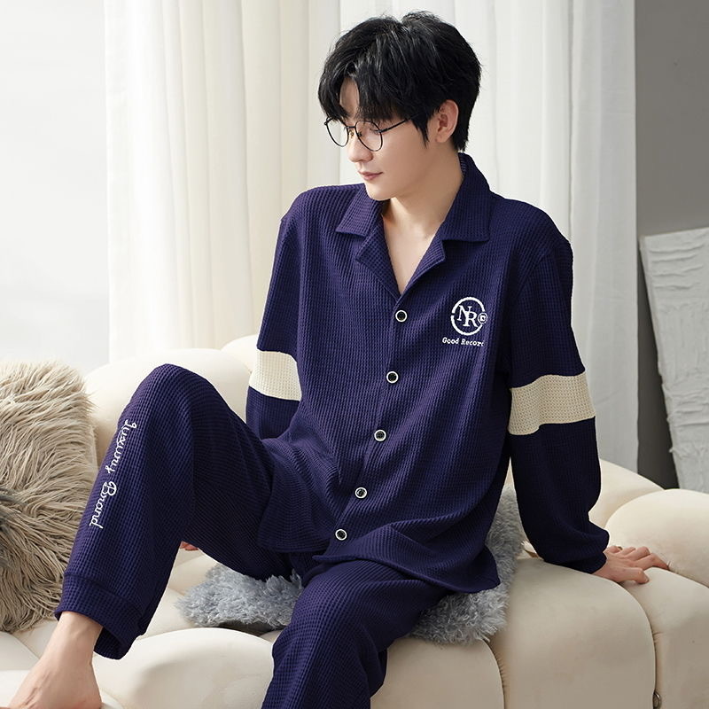 Pajamas Men's New Lapel Spring and Autumn Cotton Long Sleeve Pants Cardigan Autumn and Winter Thin Cotton Home Clothes suit