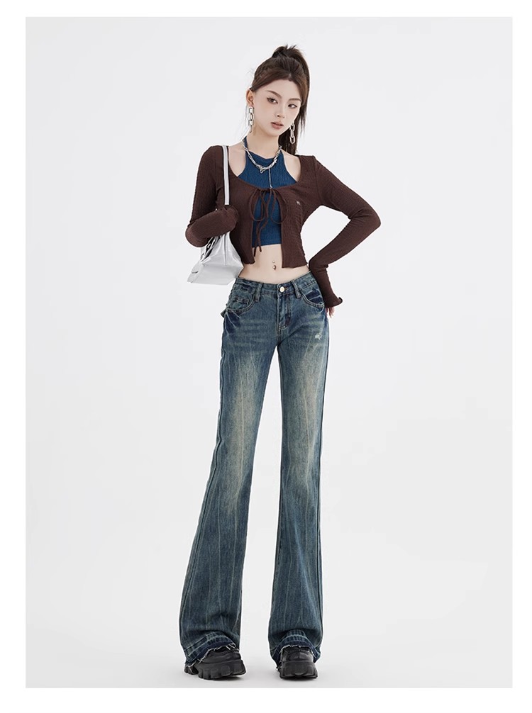2025 Spring and Autumn American Retro High Waist Slightly Flared Jeans Embroidered Distressed High Street Hot Girl Slim Fit Slightly Flared Pants