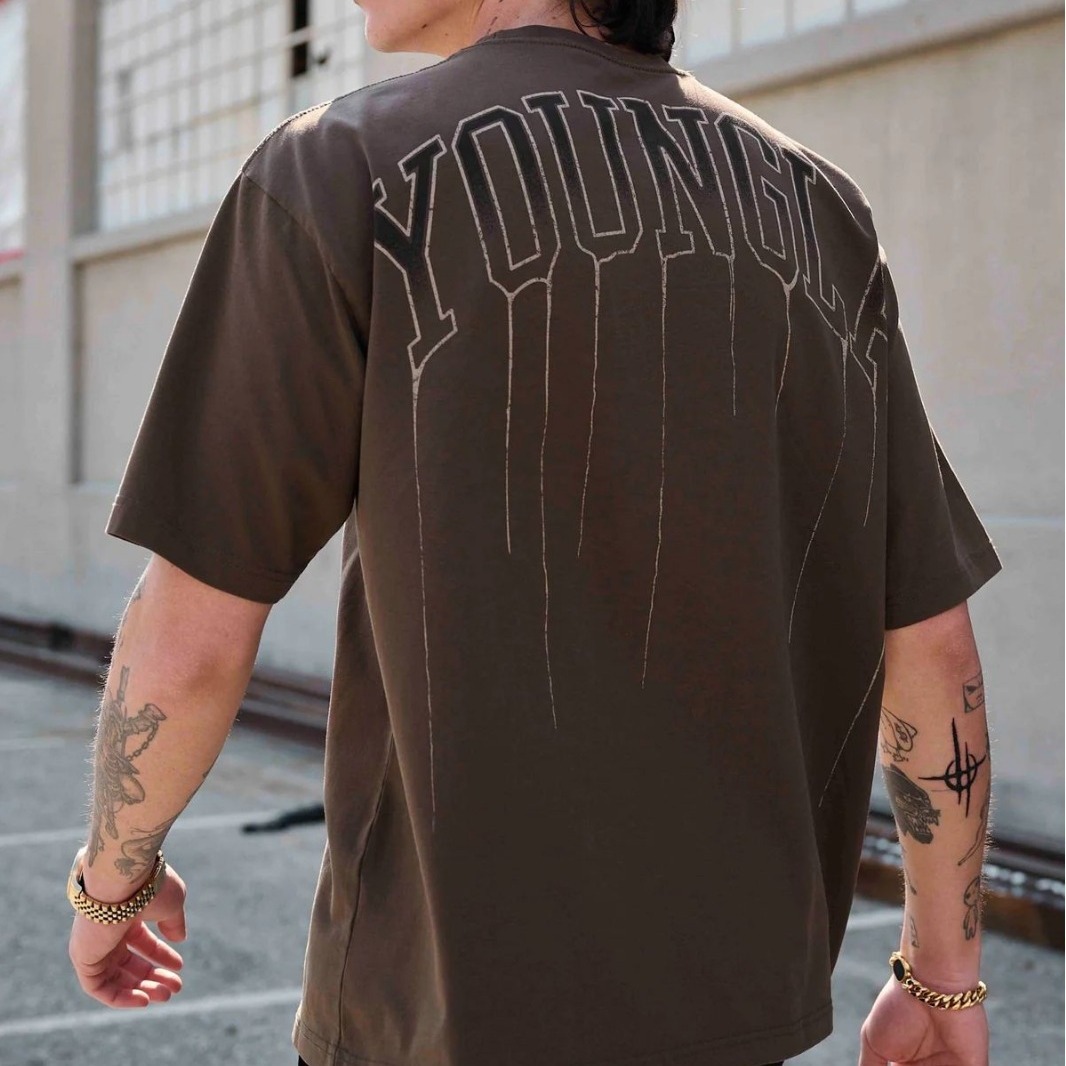 Picture of YOUNGLA Men's Oversized T-Shirt Cotton Round Neck Loose Short Sleeve Gym Sports Fitness T-Shirt 240 Fabric