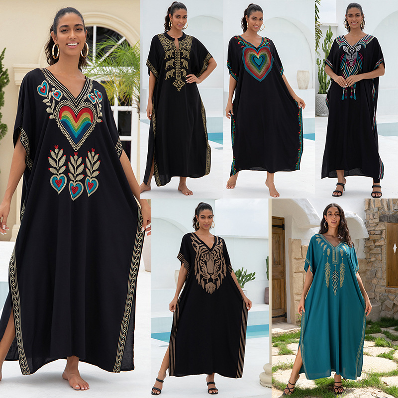 2024 New European and American Cotton Embroidered Loose plus size Women's Long Dress Holiday Beach dress Sunscreen Bikini Blouse