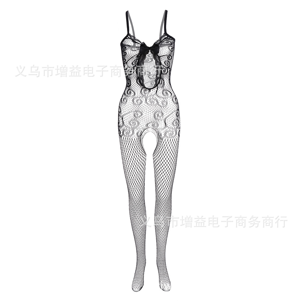 Picture of Sexy mesh sexy lace trim sling front hollow bow thread jacquard one-piece mesh w040