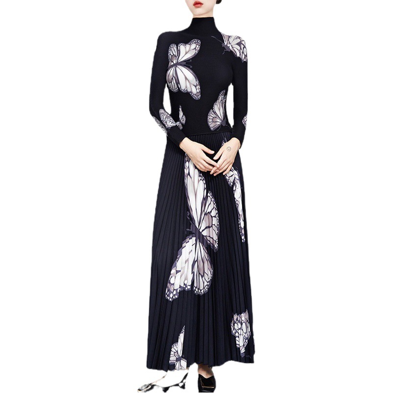 Japanese Pleated Suit Skirt for Women, Spring and Summer Temperament, Age-Reducing Printed Top, Large Size Slimming Look Pleated Skirt Two-Piece Set