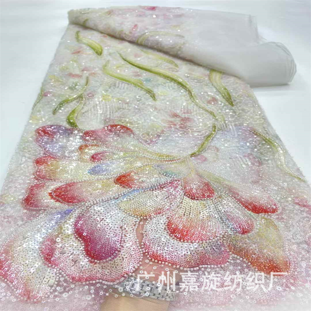Chinese Style Sequin Embroider Random Pattern Beads Lace Fabric Cheongsam Han Dynasty Dress Embroidered Cloth Bridal Lace