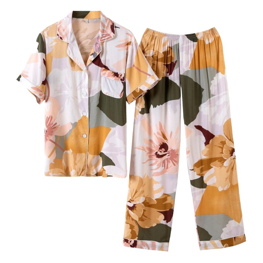 Summer Thin Pajamas Women's Cotton Silk Short-sleeved Trousers suit V-neck Lapel Button Cardigan Pajamas Set Explosions