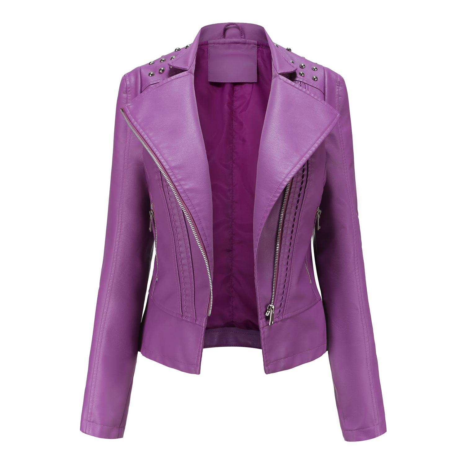 Picture of Boutique leather clothing Women Beaded Leather Jacket Lapel Spring and Autumn High-grade PU Leather Jacket