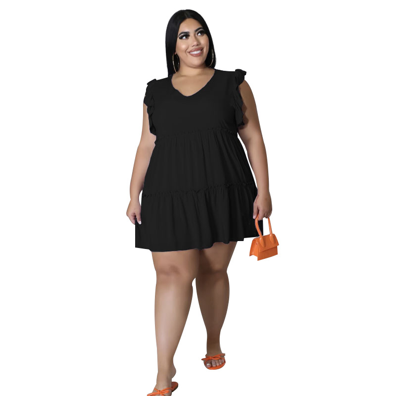 Picture of 2022 Summer New European and American Plus Size Women's Solid Color Casual V Neck Sleeveless Ruffled Pleated Short Dress